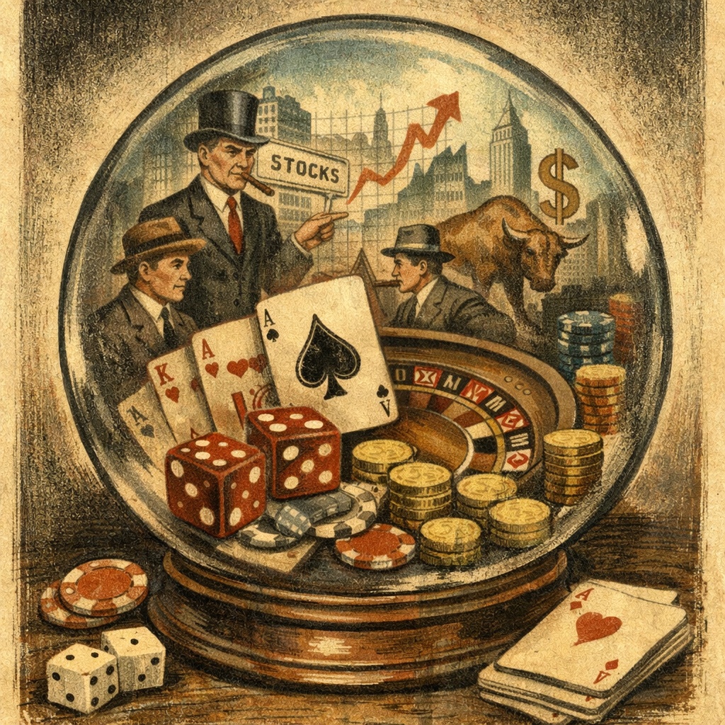 Gambling scene inside a glass ball with cards, dice, poker chips, coins, and a roulette wheel on a wooden table, symbols of stocks and money in background.