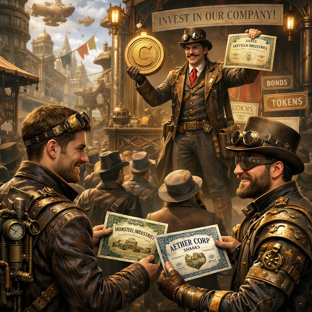 Steampunk market scene with two men in goggles exchanging stock certificates and a presenter on a stage above them saying "Invest in our company!"