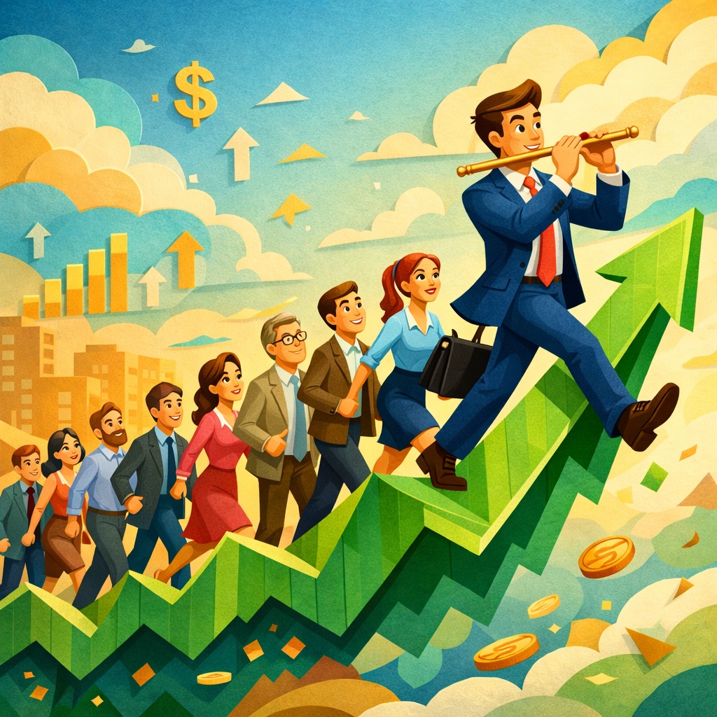 Business team in formal wear climbs a rising green arrow graph, led by a man in a suit playing a flute; financial symbols and coins rise in the sky behind them.