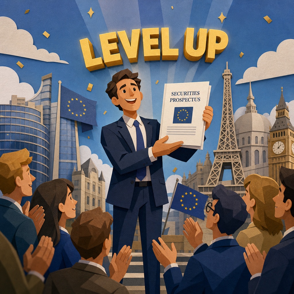Businessperson in a suit holds up a 'Securities Prospectus' while a cheering crowd claps, with a 'LEVEL UP' banner and EU flags in the background.
