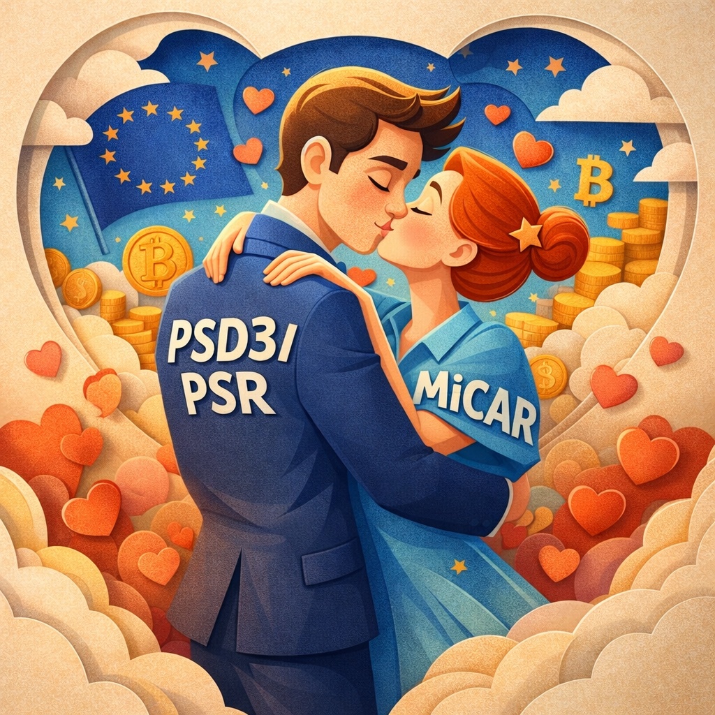 Couple kissing in a dreamy cloud-filled scene, with PSD3/PSR on the man's suit and MiCAR on the woman's dress, EU flag and Bitcoin coins in the background.